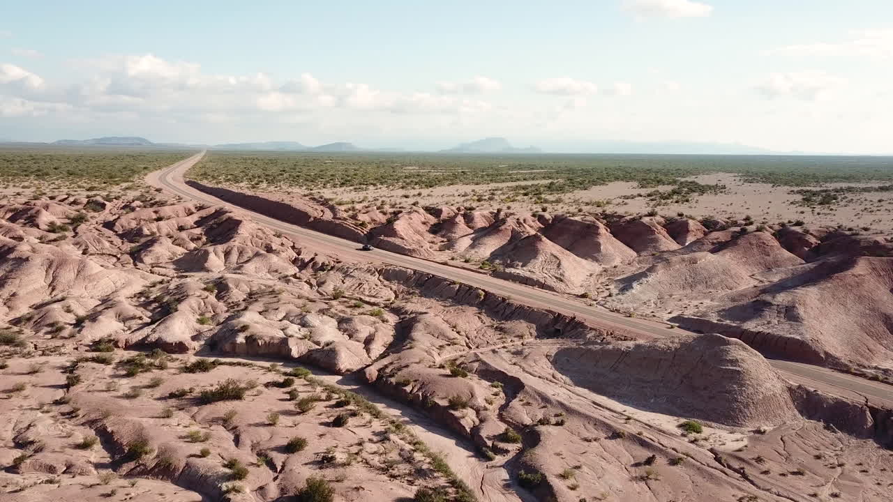 Lonely Car on Desert Road. Aerial View of Freeway in Countryside of Argentina, La Rioja - San Juan Province