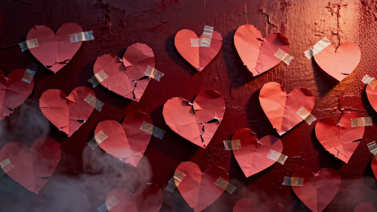 Névoa suave e luz acolhedora revelando corações de papel vermelho amassados em parede texturizada, com fita adesiva visível.
