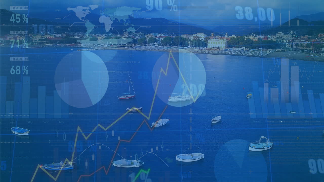 Animating graphs and charts over coastal landscape with boats in background