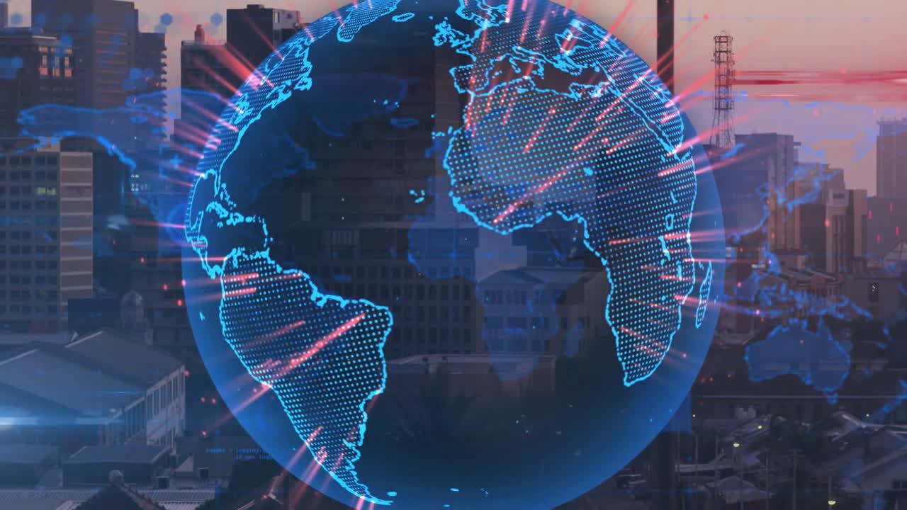 Digital globe with network connections animation over cityscape background