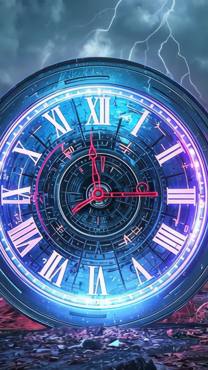 Vertical video: Lightning striking storm on rocky plain, clock pulsing rim, moving red second hand