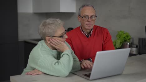 pensionistas tristes mirando la computadora portátil, discutiendo facturas de servicios públicos, problemas financieros o noticias confusas