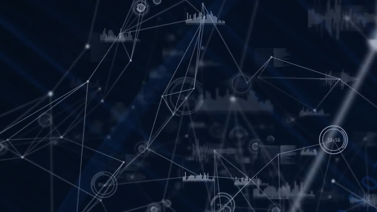 Animation of networks of connections and data processing over black background