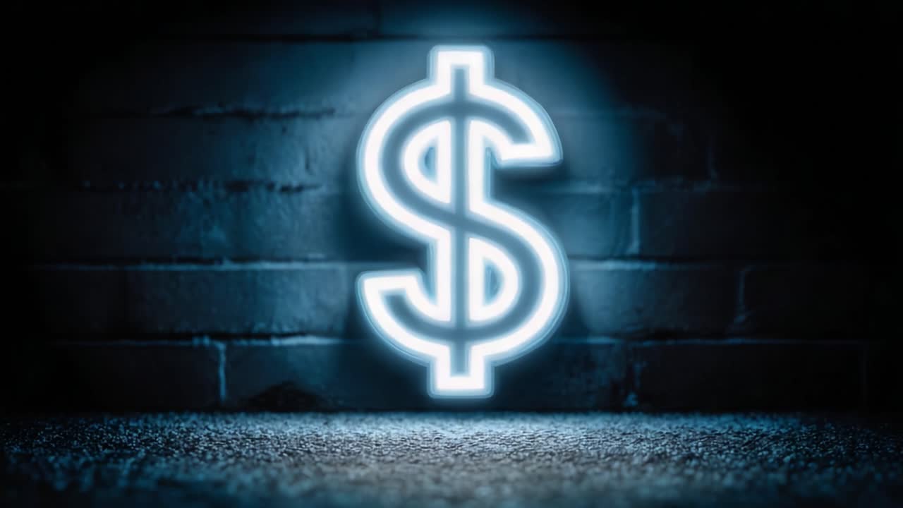 Un simbolo del dollaro al neon si illumina su uno sfondo scuro e texturizzato, simboleggiando ricchezza e prosperità finanziaria con un'estetica moderna ed elegante.