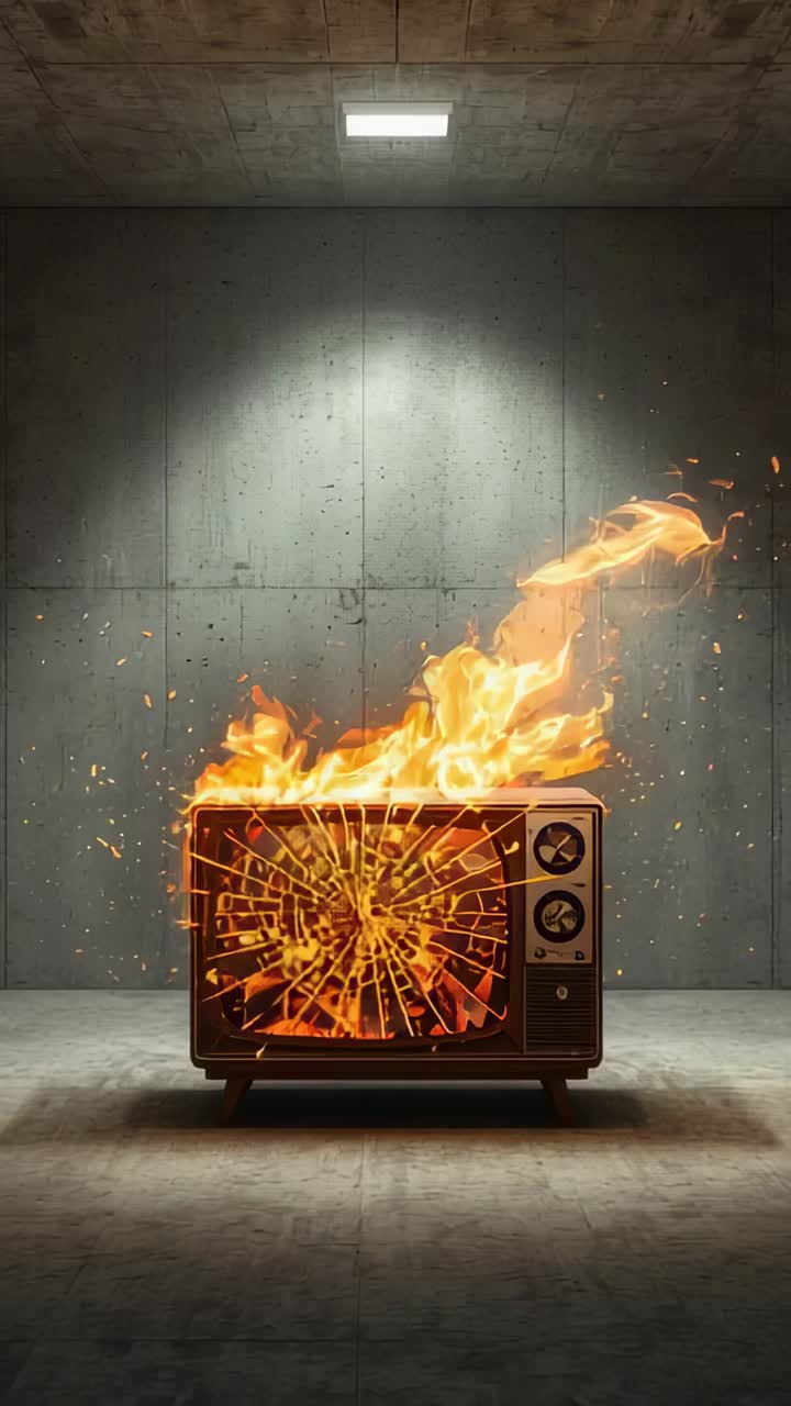 Video verticale: Rivelando uno schermo frantumato, televisore vintage che emette fuoco e braci in una stanza di cemento