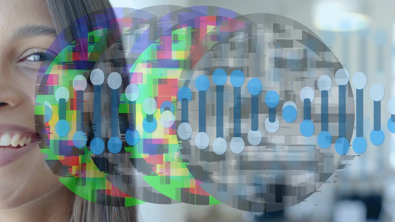 Woman smiling in tech office stacked discs appearing near her and driving waveform visualizing data