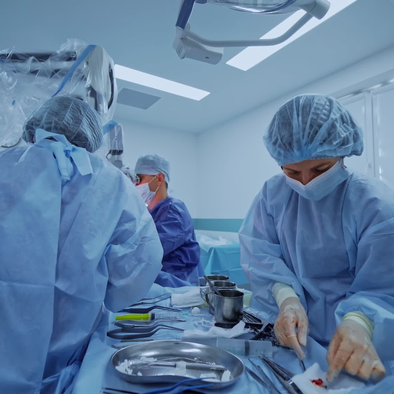 Group of professional neurosurgeons. Doctors and assistants in medical uniform conduct a neurosurgery in modern clinic.