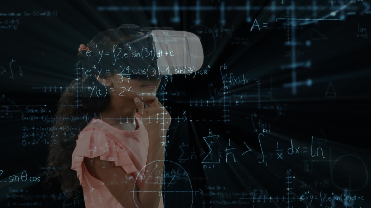 Girl wearing a virtual reality headset solving equations