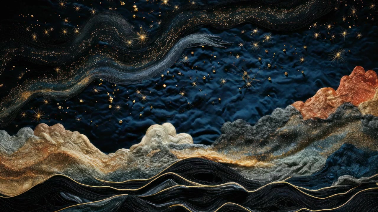 Luxueuze abstracte kunst met gouden sterren en een landschap van getextureerde stof