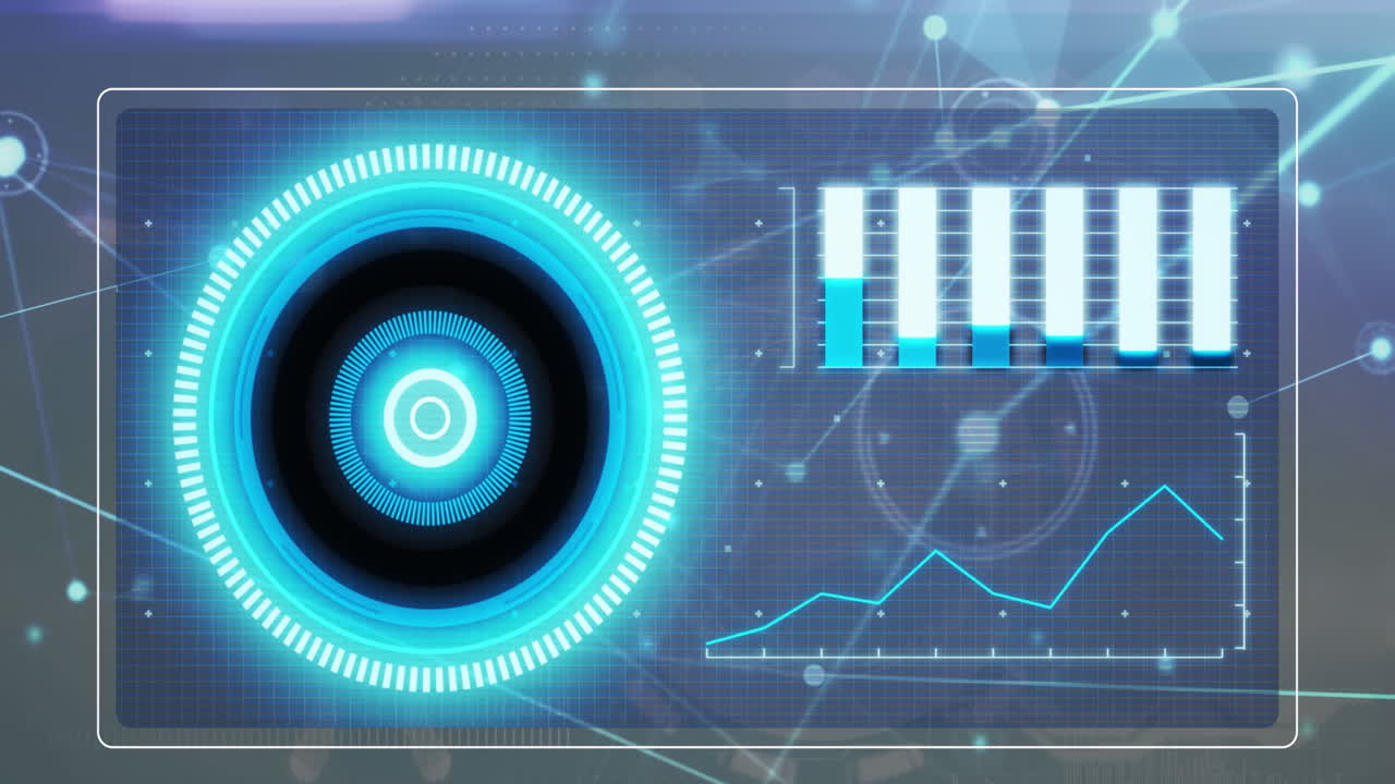 둥근 스캐너와 인터페이스의 애니메이션 및 연결 네트워크에 대한 데이터 처리