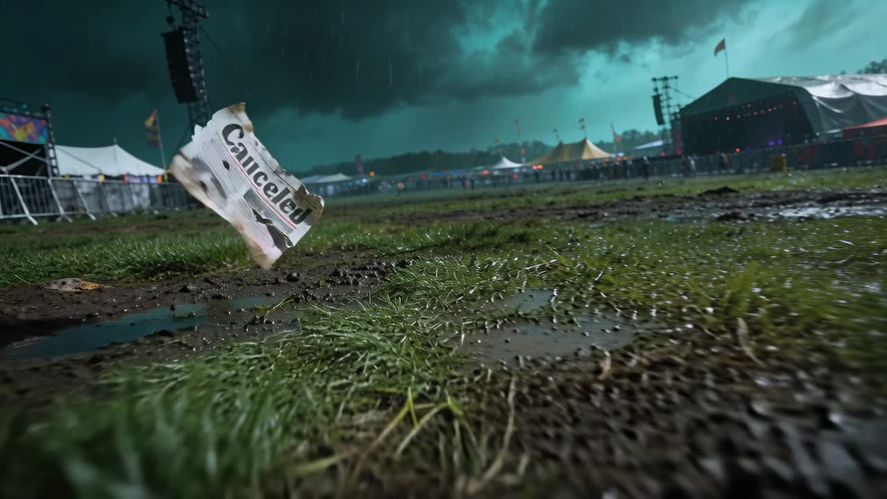 Gust lifting wet Canceled newspaper page skimming over muddy festival grounds, driven by wind