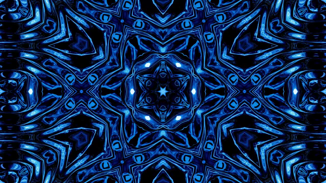 Abstract symmetric background with star symmetry. Mandala with waves. Looped abstract blue liquid background with wavy sparkling pattern, shiny glossy surface. Kaleidoscope effect