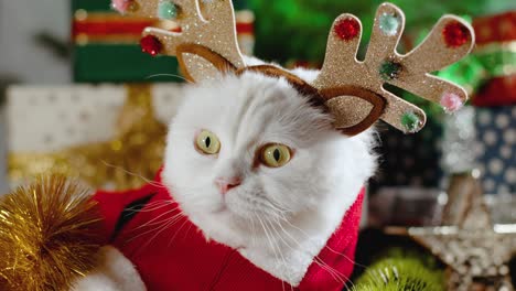 portrait of fluffy white cat in christmas decoration - deer horns and santa claus costume. new year, pets, animals meme concept.