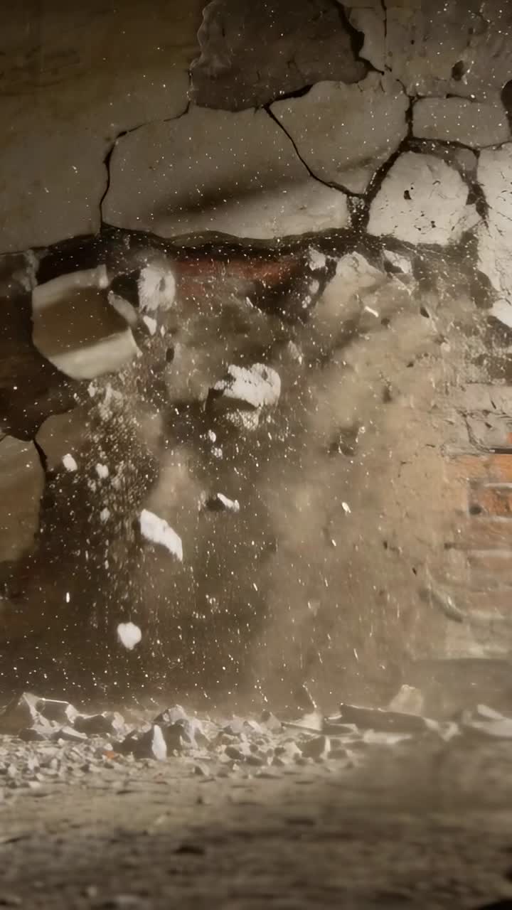 Movimento lento di intonaco che si stacca da un muro danneggiato