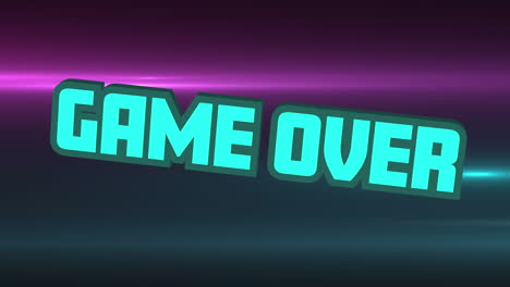 animation of game over text banner over purple and blue light trails against black background