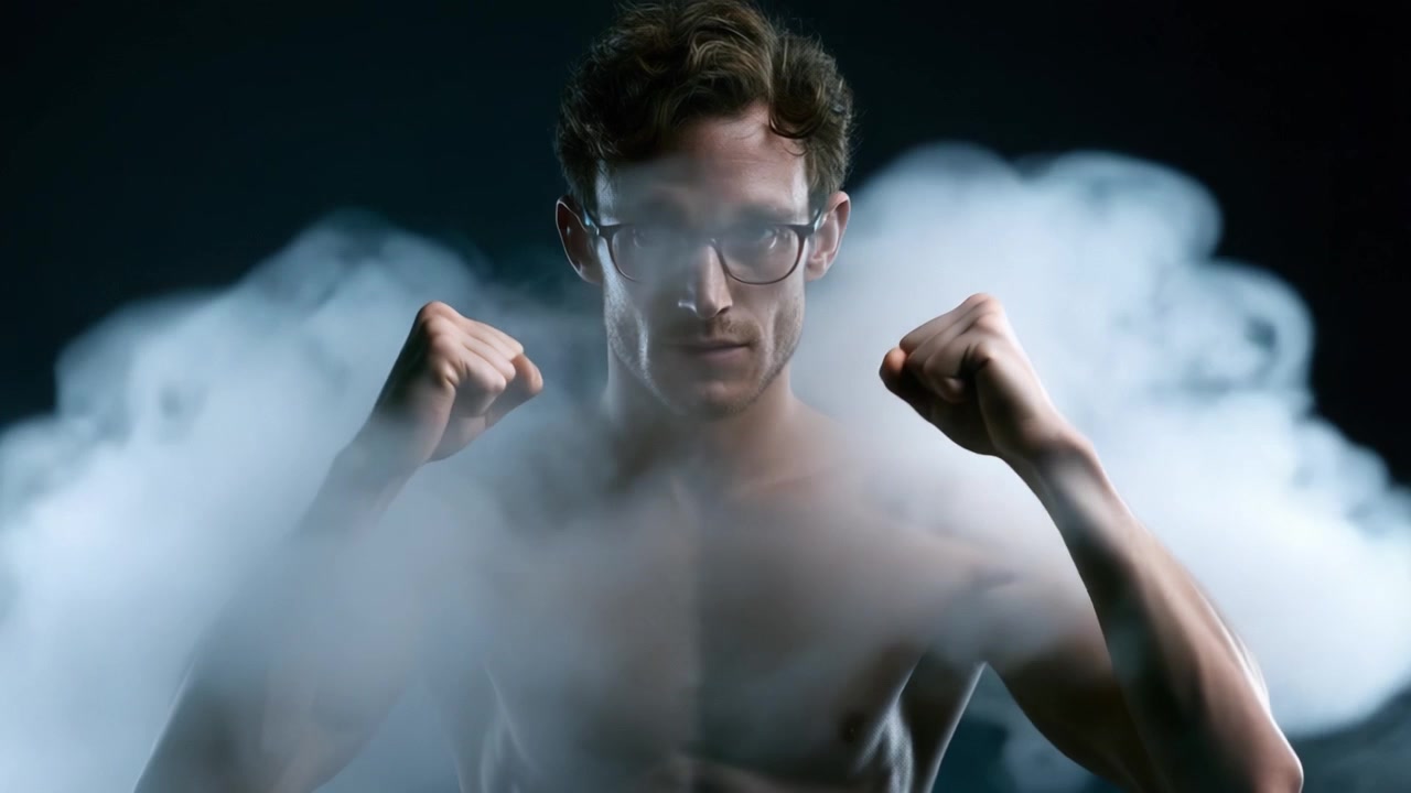 Un individuo motivado mostrando fuerza y determinación en medio de una iluminación dramática y ahumada, enfatizando la aptitud física y la resolución interior