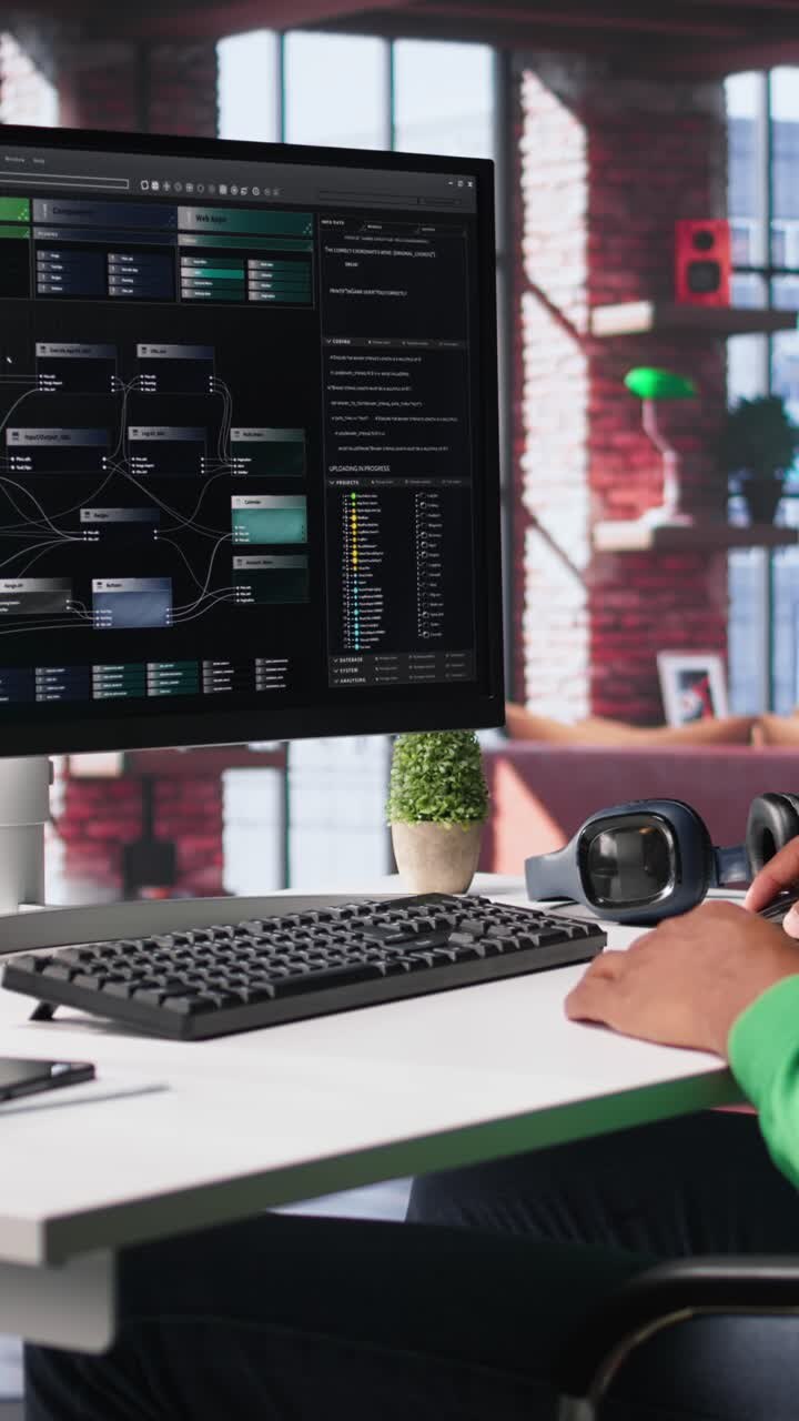 Vertical Video African american software developer does visual coding and creating software