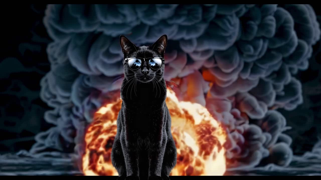 Gato negro con gafas de sol frente a una explosión de bomba