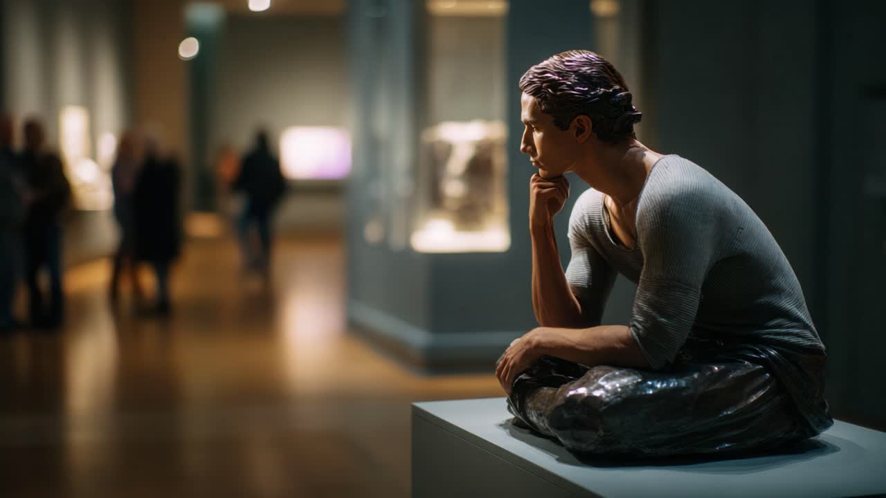A contemplative sculpture captures the essence of thoughtfulness in a modern art gallery, inviting viewers to reflect on the human experience and creativity