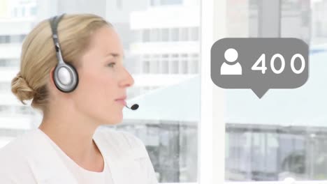 animation of digital icons over businesswoman using phone headsets