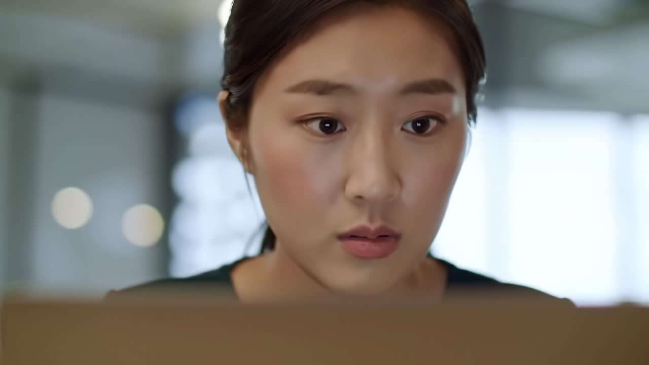 Focused Intensity: A Close-Up Look at a Young Woman Deep in Thought While Engaged with Her Laptop, Capturing the Essence of Modern Concentration and Learning