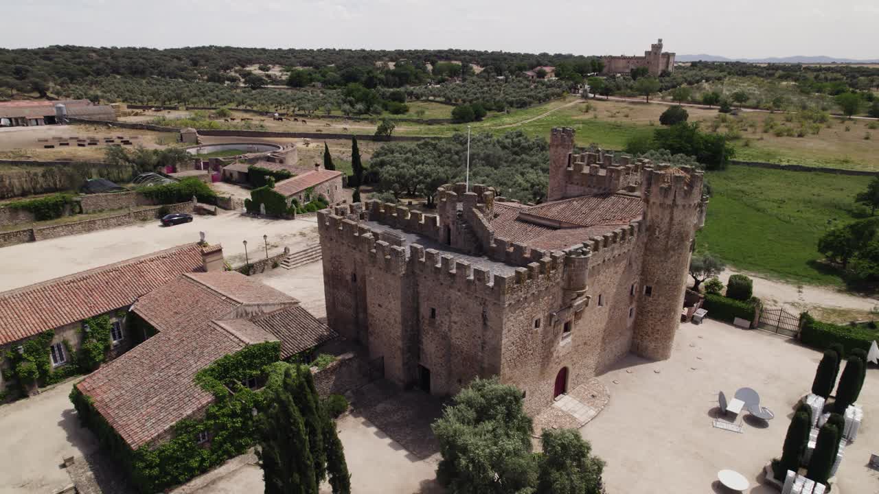 Orbit aerial of Castle of Arguijuelas de Abajo, Fortress in C&aacute;ceres, Spain