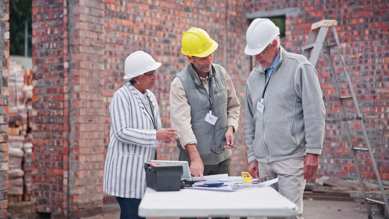 Construction workers reviewing plans at a construction site