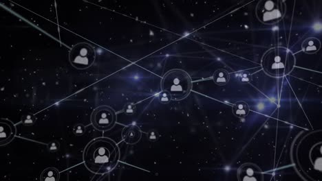 animación de la red brillante de conexiones y iconos de perfil contra fondo negro