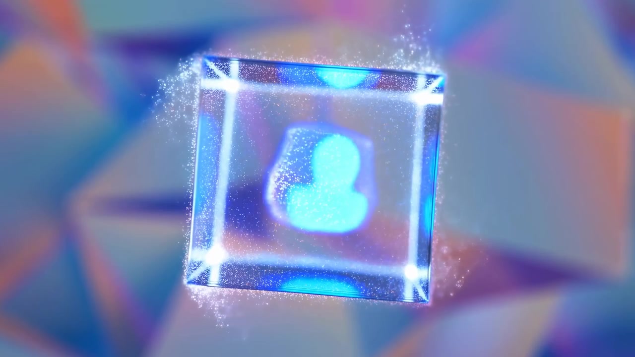 Glowing User Avatar Inside Crystal Cube, Hovering Over Neon Blue Purple Backdrop With Holographic Particles