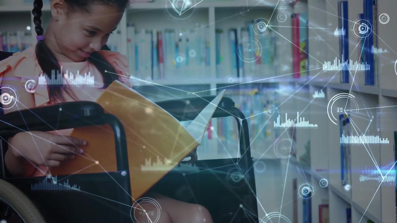 Animazione di una rete di connessioni su una scolaretta caucasica disabile che studia in biblioteca