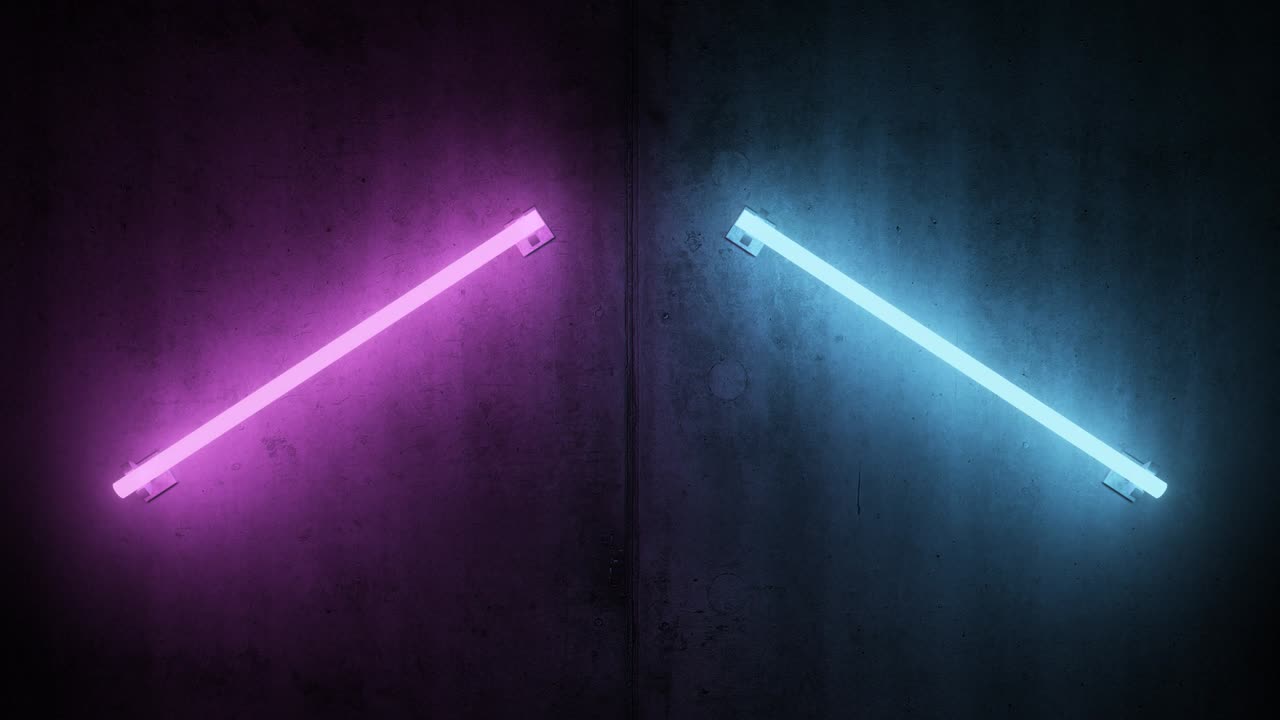 los tubos de neón parpadeantes parpadean luces azules y rosas en la pared de hormigón - animación de fondo de movimiento de bucle vj sin costuras de 4k