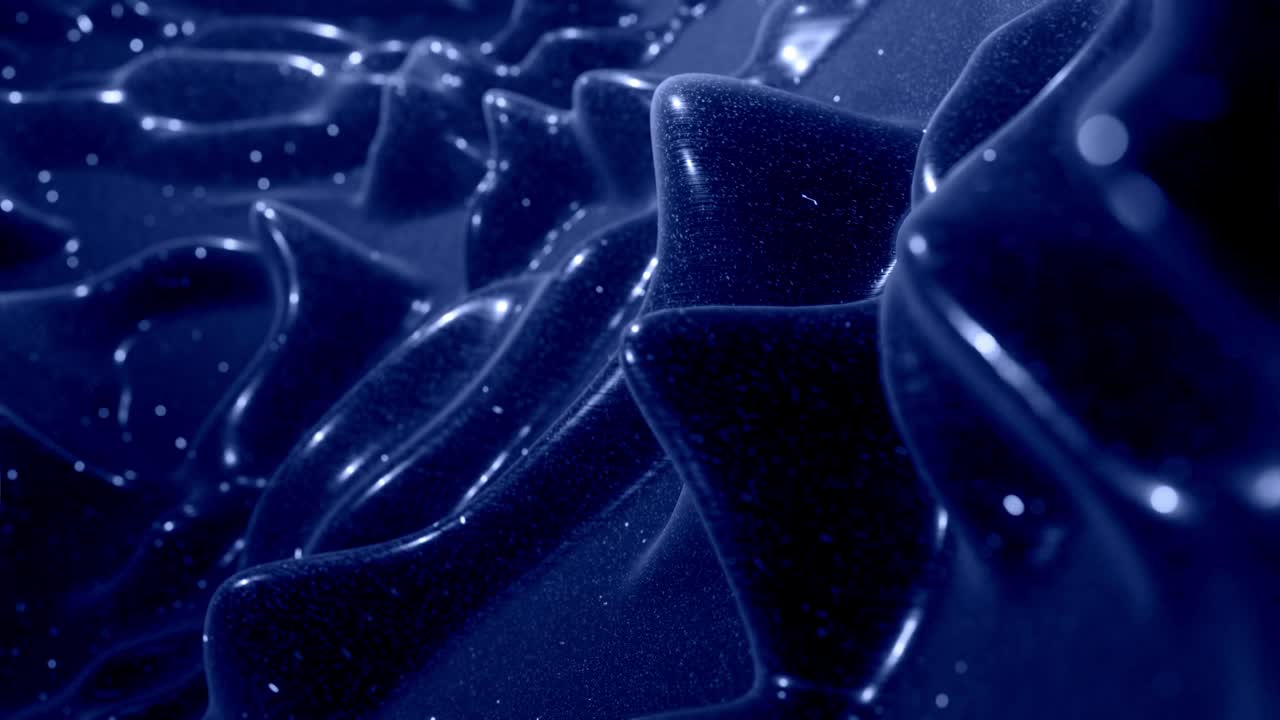 Stylish festive black bg. Fantastical abstract looped background, waves move on glossy surface like landscape made of liquid blue wax with sparkles. Beautiful soft background with smooth animation 4k