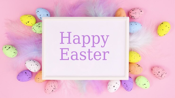 Happy Easter write in frame surrounded with eggs and feathers on pastel pink background. Stop motion