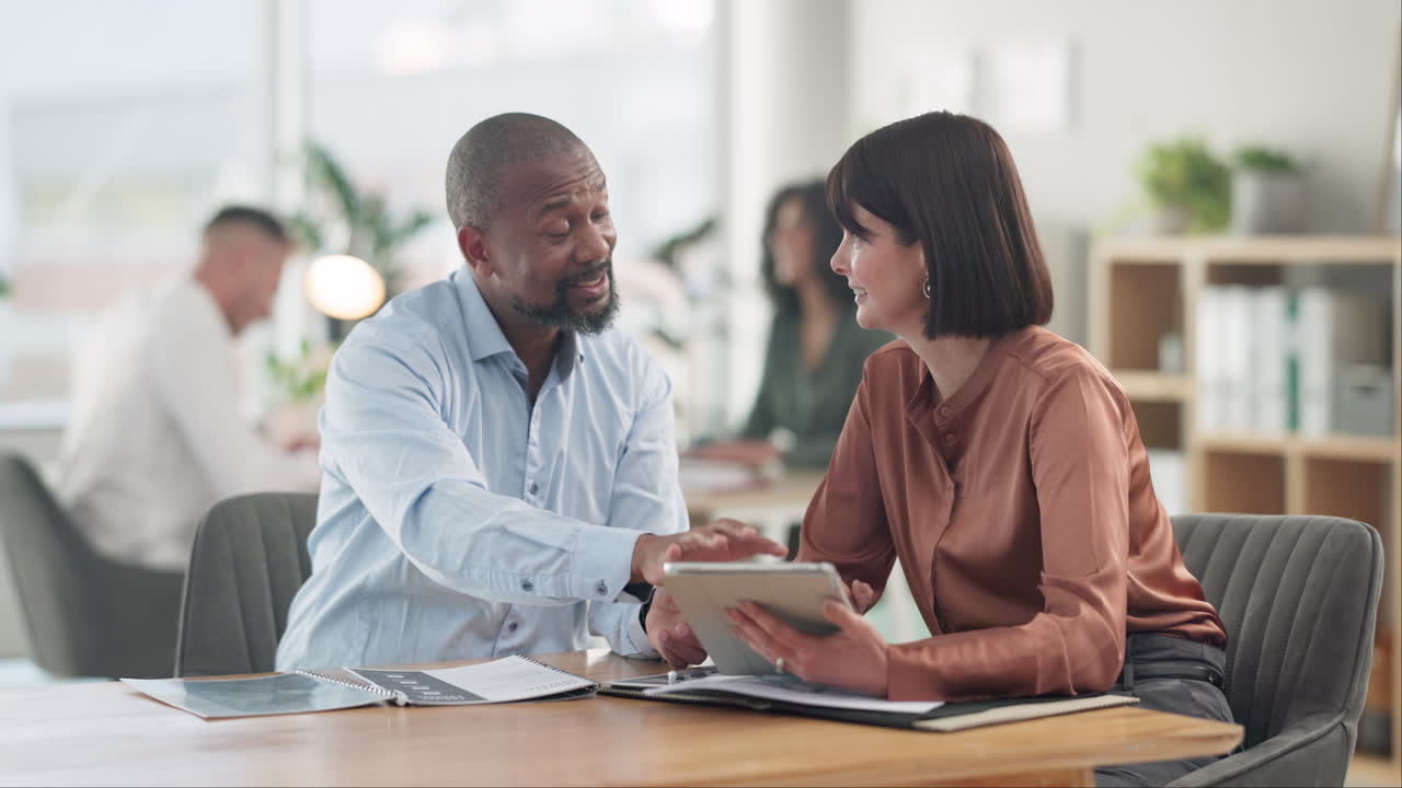 Business people, clients and tablet