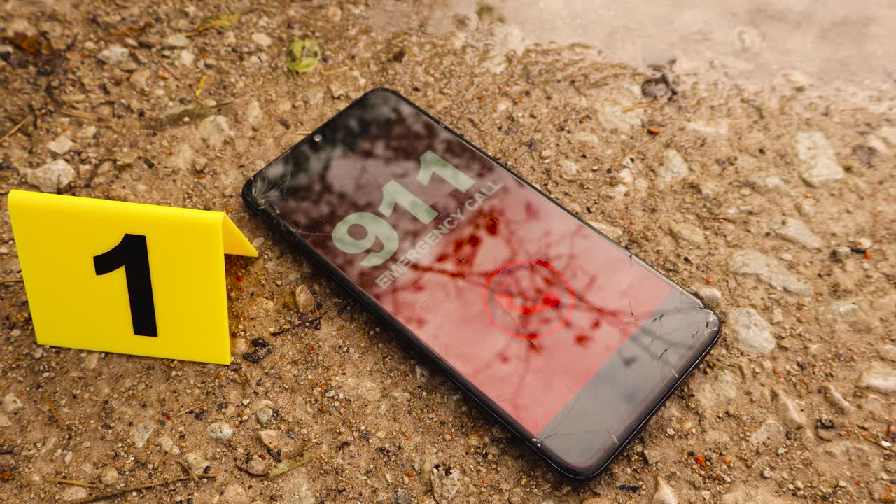 Phone or a smartphone next to a yellow numbered police crime scene marker on brown and golden colored gravel road outdoors with a shiny and reflective puddle or pind next to it. 911 emergency number
