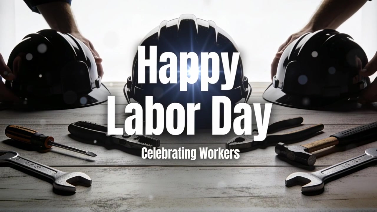 Entering two hands arranging three black helmets on wood table with tools for Happy Labor Day