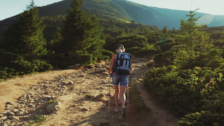 Una turista con zaino e bastoncini da trekking sale un sentiero di montagna ai raggi del sole.
