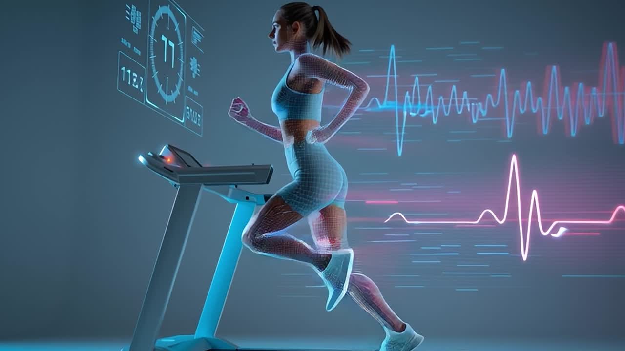 Donna che corre sul tapis roulant con visualizzazione della frequenza cardiaca in palestra