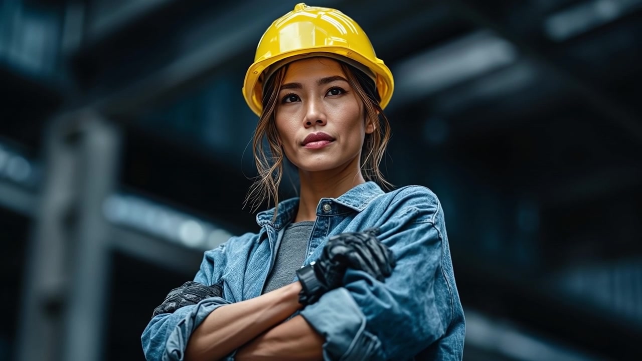 Operaia industriale sicura di sé con un cappello giallo e una camicia di jeans che si sistema i guanti in un cantiere