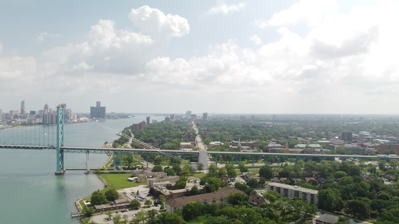4K Drone Aerial of Windsor Ontario Border Crossing Road to USA