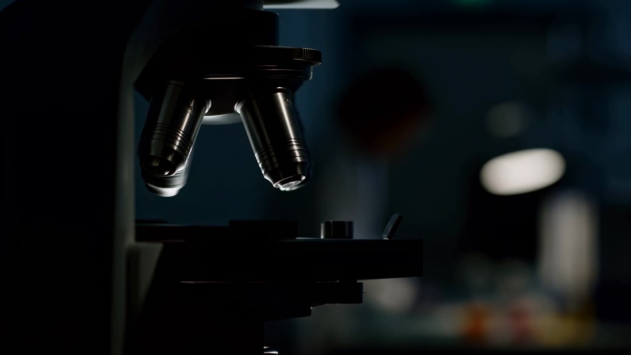 Close-up view of a microscope with objective lenses centered against a dark laboratory background, with soft blurred lights and shallow depth of field