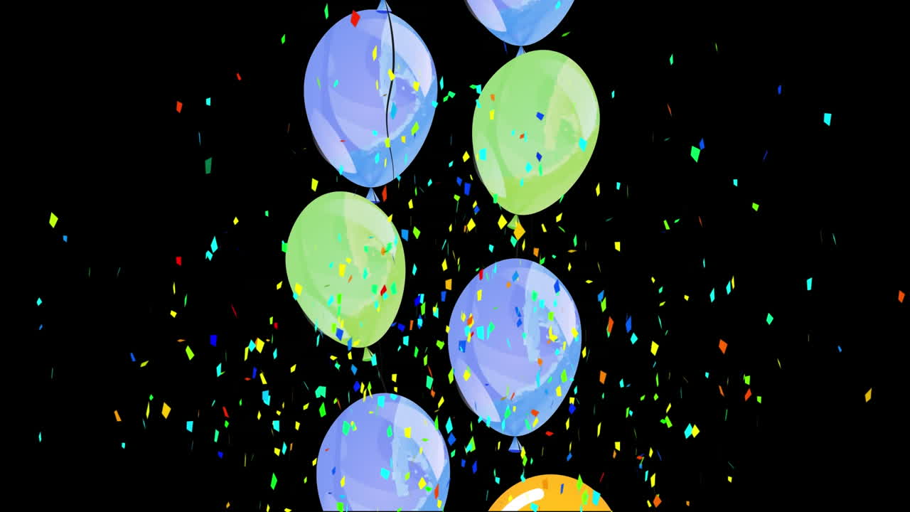 animación de globos coloridos que vuelan y caen confeti sobre un fondo negro