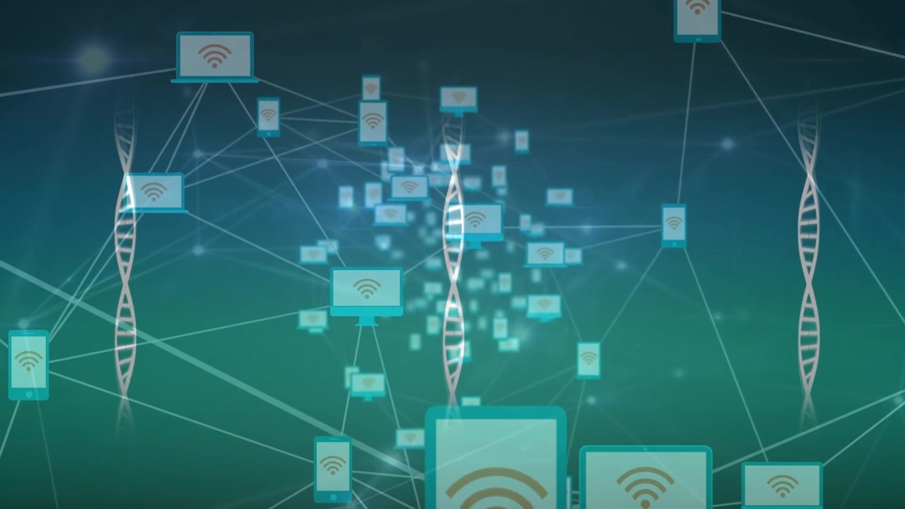 Animation of scientific icons, dna and connections over blue and green background