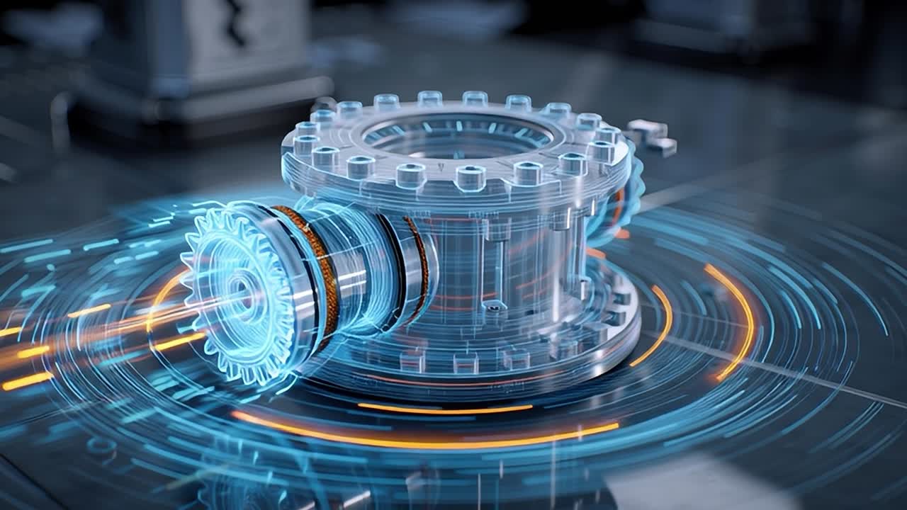 3D-hologrammodell av et futuristisk gir i en høyteknologisk setting
