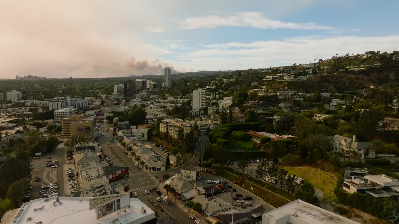 4K aerial of the LA fires in January 2025 from West Hollywood, Los Angeles, California, USA.