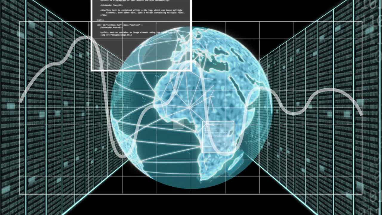 Animation of global network and processing data interface screens on black background
