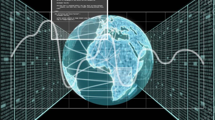 Animation of global network and processing data interface screens on black background