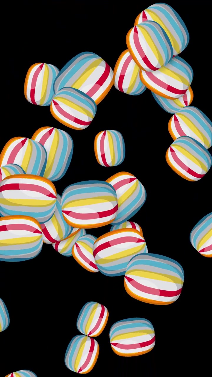 Vibrant striped candy spheres bounce and tumble across a black background in vertical orientation.