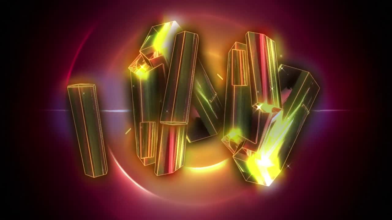 검은 바탕에 분홍색 나선형 빛의 흔적에 대한 금색 결정의 디지털 애니메이션