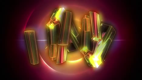 animación digital de cristales dorados contra rastros de luz en espiral rosa sobre fondo negro